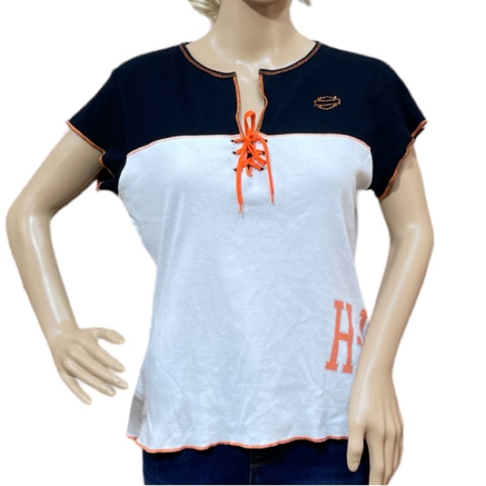 HARLEY-DAVIDSON Vintage Women’s White & Black Cap Sleeve Tee Shirt Size Large